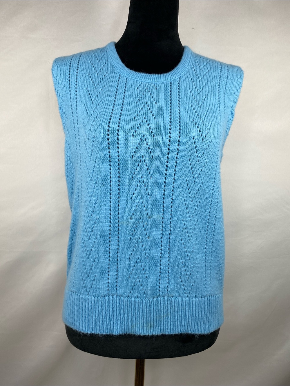 Vintage Campus Orlon Acrylic Sky Blue Pointelle Knit Sweater Vest Size Medium